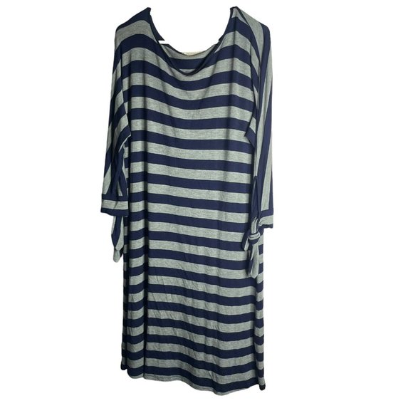 Soft Surroundings Adrift Dress M Striped Tie Cuffs Dolman Sleeves Navy Gray - Picture 2 of 8